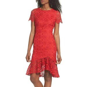 ELIZA J Asymmetrical Floral Lace Short-Sleeve High/Low Ruffle Hem Sheath Dress